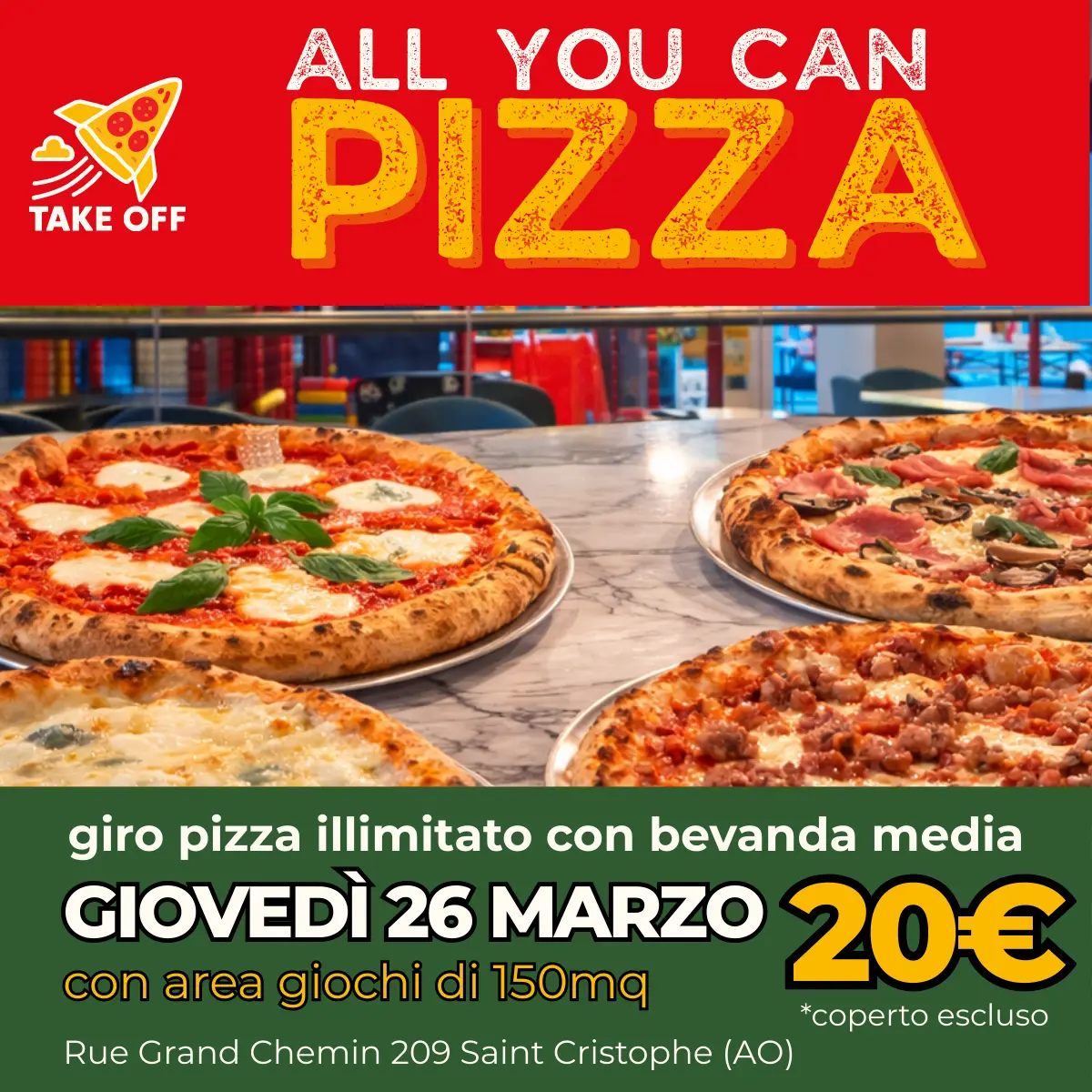 All You Can Pizza Aosta: giro pizza illimitato da Take Off il 26 marzo